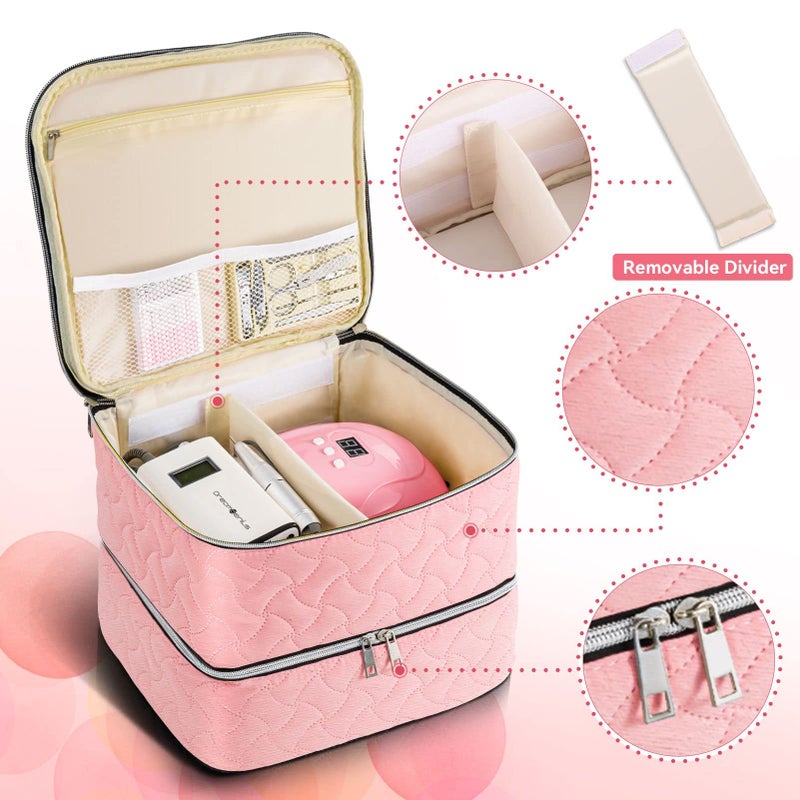 DreamGenius Nail Polish Organizer Case Holds 42 Bottles (15ml/0.5 fl.oz)  Double-Layer Nail polish storage with Adjustable Dividers  Portable Nail Polish Bag for Nail Gel Nail Lamp and Manicure Tools  Pink - Image 2